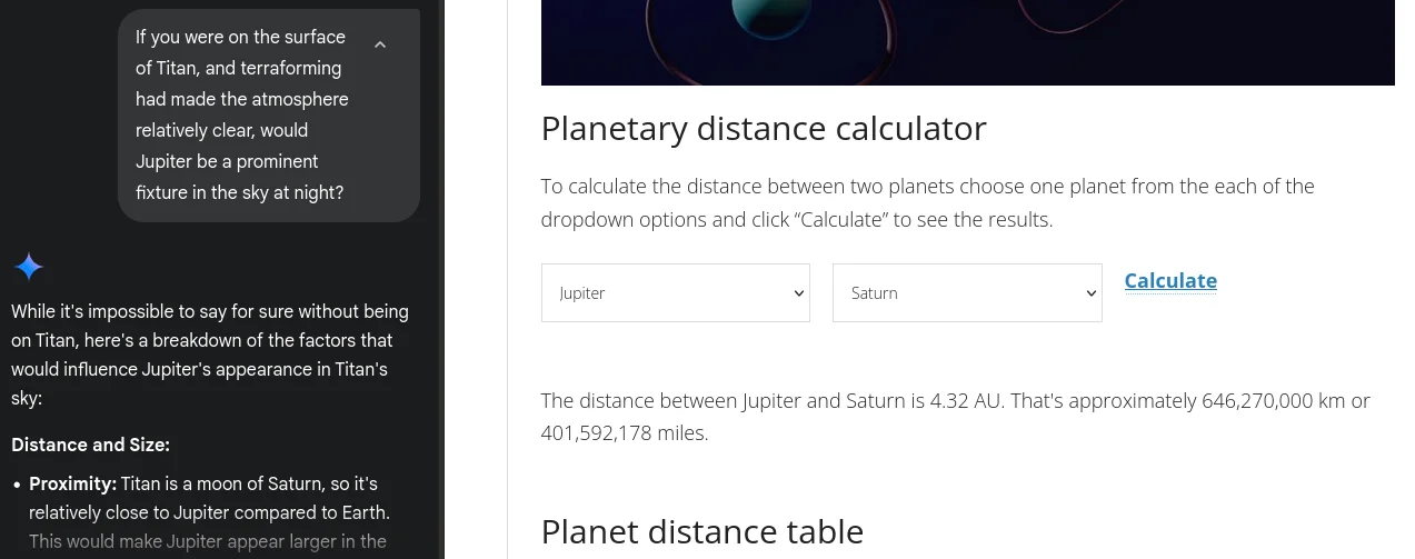 AI chat interface with incorrect answer about Jupiter's distance to Saturn and Earth.